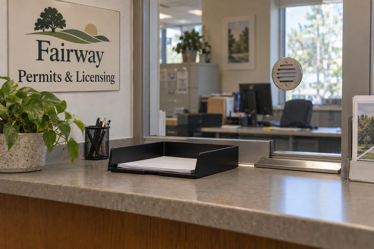 Municipal building permit counter with forms